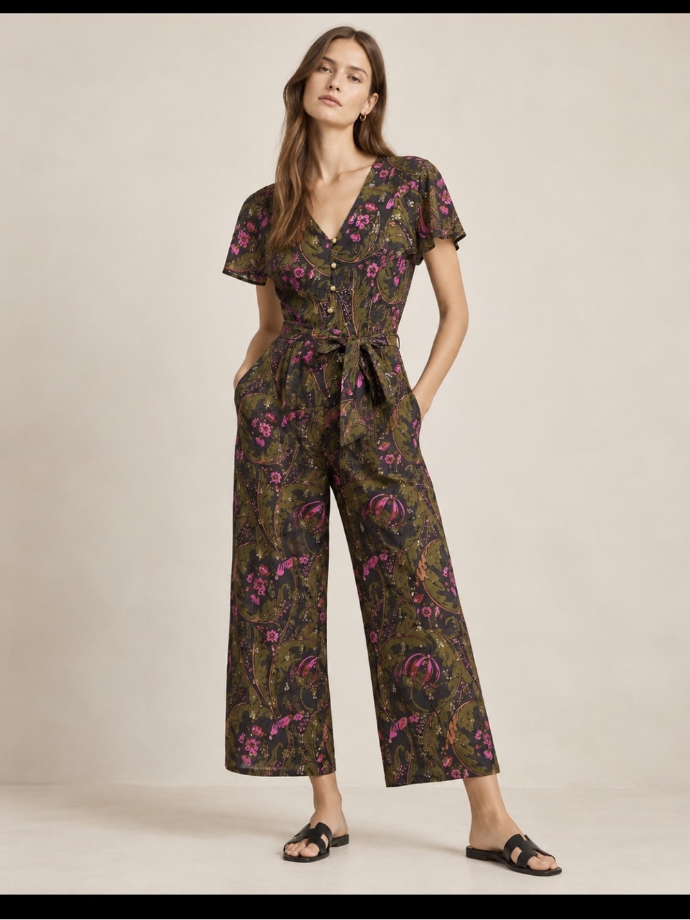 Anthropologie Olive & Purple Floral Tie-Waist Jumpsuit